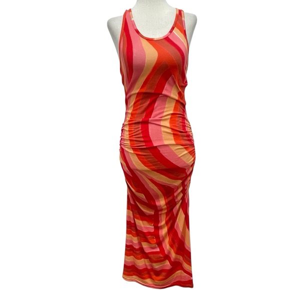 Ooshie Ruched Bodycon Orange Swirl Maxi Tank Dress Size Medium